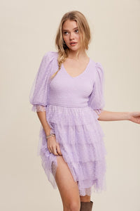 Lavender Tiered Ruffle Smocked V-neck Polka Dot Mesh Dress