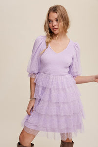 Lavender Tiered Ruffle Smocked V-neck Polka Dot Mesh Dress