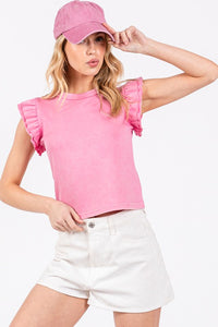 Pink Mineral Washed Ruffle Sleeve Top