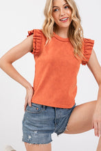 Orange Mineral Washed Ruffle Sleeve Top