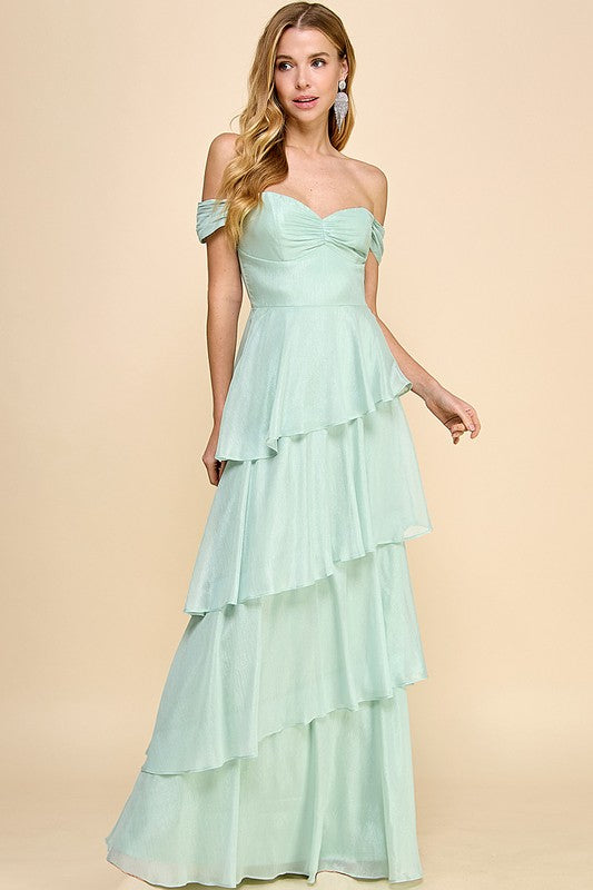 Sage Off Shoulder Ruffle Layered Maxi Dress  Aquarius Brand