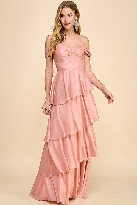 Rose Off Shoulder Ruffle Layered Maxi Dress