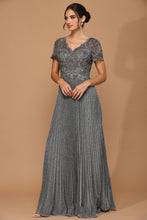 Charcoal Half Sleeve V Neck Accordion Pleat Metallic Skirt