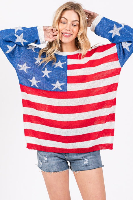 Red/Blue/White American Flag Print Sweater Top