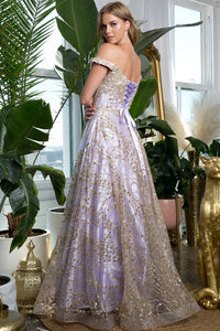 Lilac Off Shoulder Embroidery/Glitter/Sequin A Line Dress