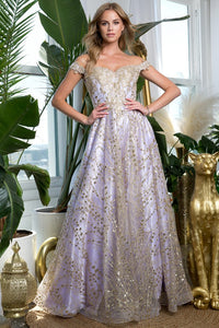 Lilac Off Shoulder Embroidery/Glitter/Sequin A Line Dress