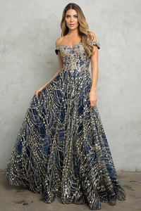 Navy Off Shoulder Embroidery/Glitter/Sequin A Line Dress
