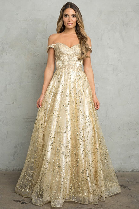 Champagne Off Shoulder Embroidery/Glitter/Sequin A Line Dress