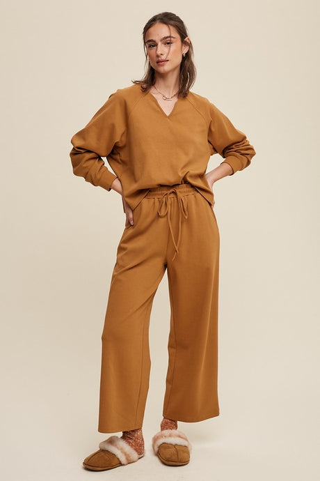 Butter Scotch V-Neck Sweatshirt And Pants Set