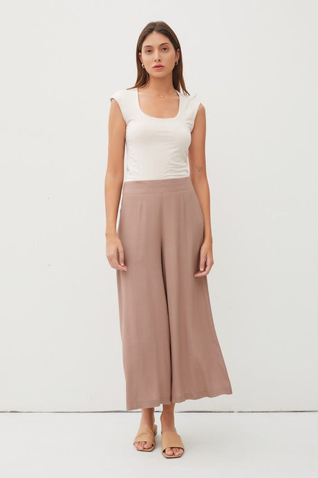 Mocha Flowy Pull On Wide Leg Capri Dress Pants