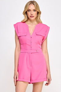 Pink Sleeveless Romper With Front Flap Pocket