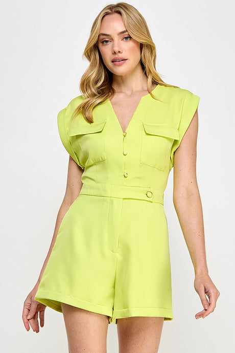 Lime Sleeveless Romper With Front Flap Pocket