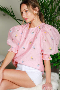 Pink Flower Embroidery Detail Organza Top