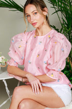 Pink Flower Embroidery Detail Organza Top