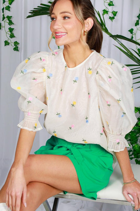 Ivory Flower Embroidery Detail Organza Top