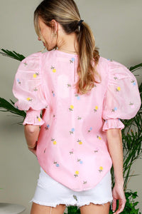 Pink Flower Embroidery Detail Organza Top