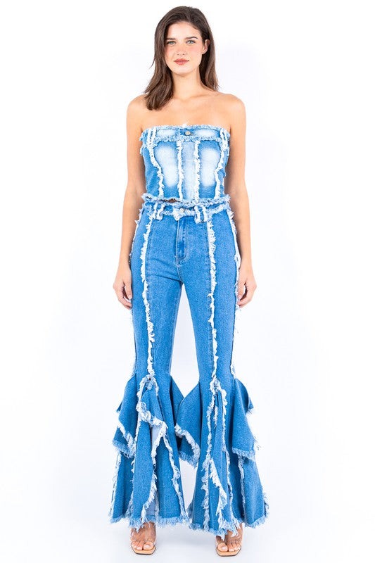 Tall Light Blue Wash Frayed Denim Corset Top