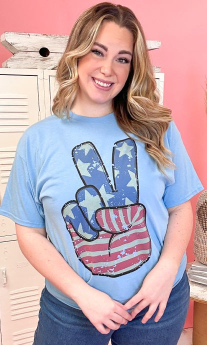 Light Blue Retro Peace Hand Patriotic Graphic Shirt