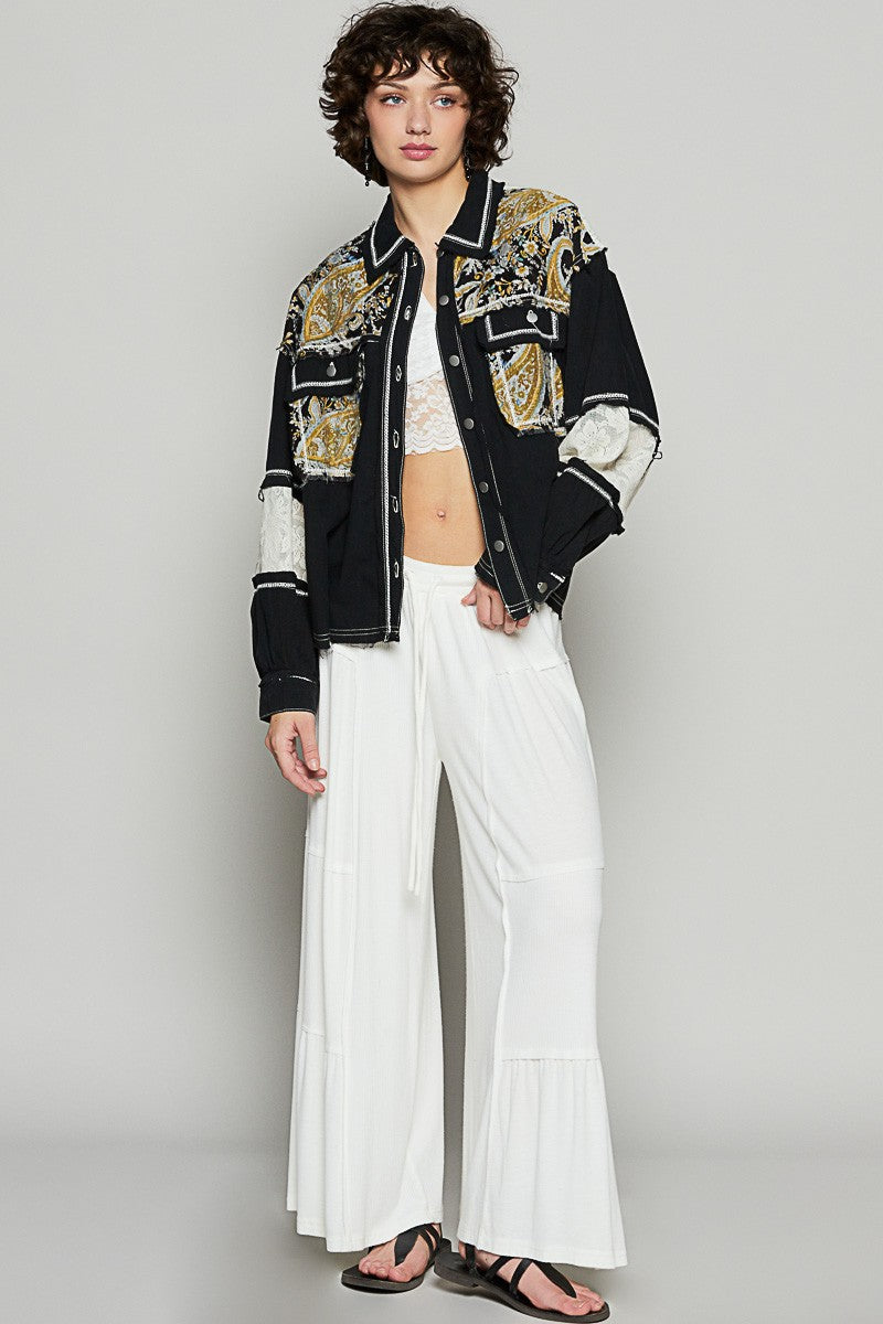 Black Multi Balloon Sleeve Printed Woven Mixed Denim Shacket