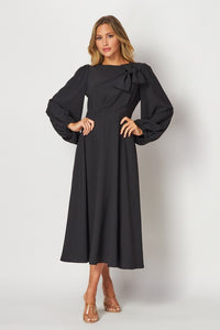 Black Solid Long Sleeve Midi Dress With Neck Detail
