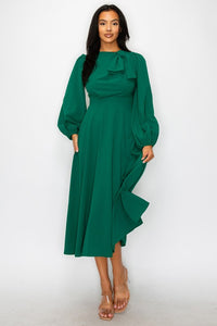 Kelly Green Solid Long Sleeve Midi Dress With Neck Detail