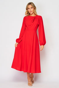 Red Solid Long Sleeve Midi Dress With Neck Detail