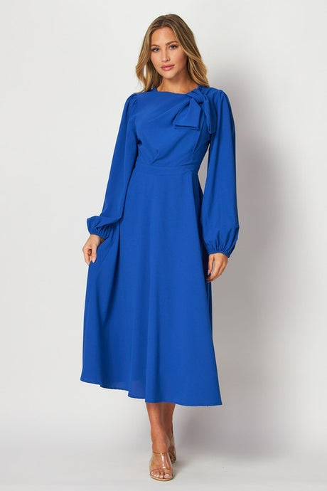Royal Solid Long Sleeve Midi Dress With Neck Detail