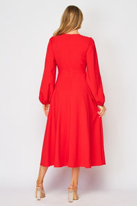 Red Solid Long Sleeve Midi Dress With Neck Detail