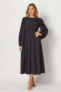 Black Solid Long Sleeve Midi Dress With Neck Detail