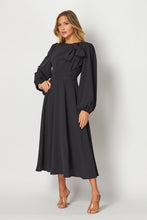 Black Solid Long Sleeve Midi Dress With Neck Detail