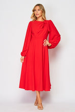 Red Solid Long Sleeve Midi Dress With Neck Detail