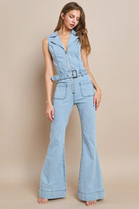 Light Denim Sleeveless Belted Long Denim Jumpsuit