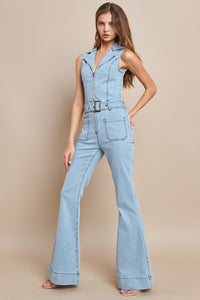 Light Denim Sleeveless Belted Long Denim Jumpsuit