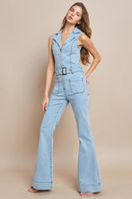 Light Denim Sleeveless Belted Long Denim Jumpsuit