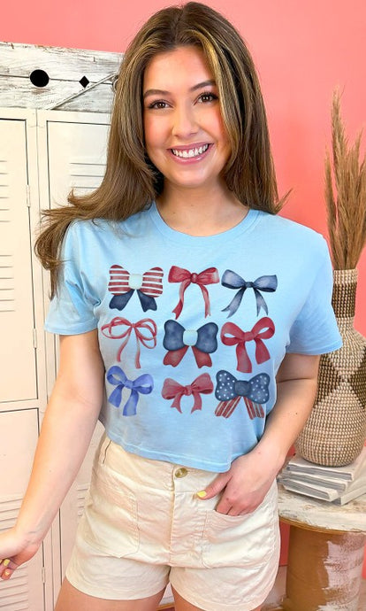 Light Blue Patriotic Bows Graphic Crop Top