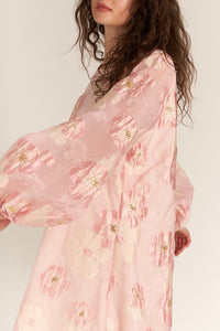 Pink Bubble Sleeve Floral Organza Mini Dress