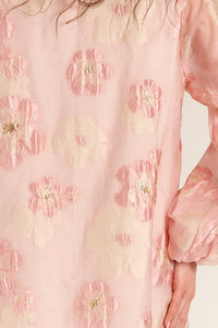 Pink Bubble Sleeve Floral Organza Mini Dress