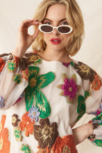 Cream Multicolor Bubble Sleeve Floral Organza Mini Dress