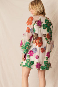 Cream Multicolor Bubble Sleeve Floral Organza Mini Dress