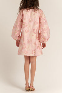 Pink Bubble Sleeve Floral Organza Mini Dress