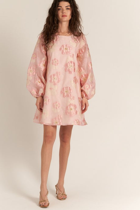 Pink Bubble Sleeve Floral Organza Mini Dress