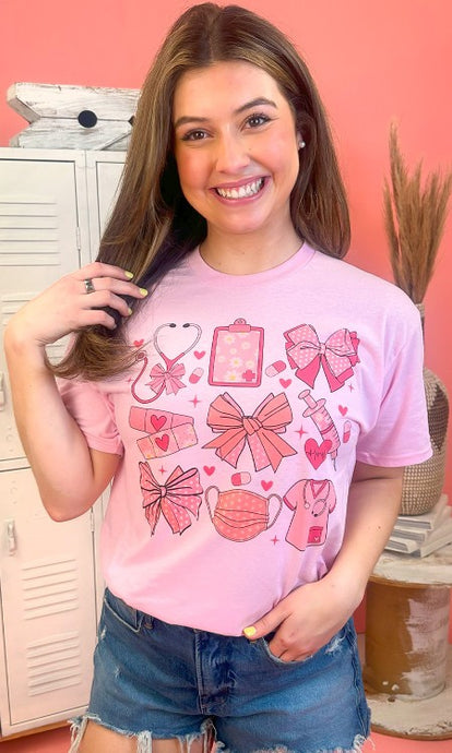 Light Pink Nurse and Bows Graphic Shirt