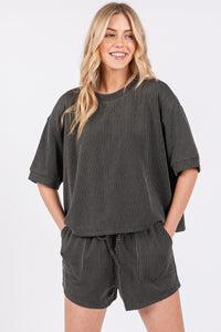 Black Ribbed Round Neck Top And Shorts Set