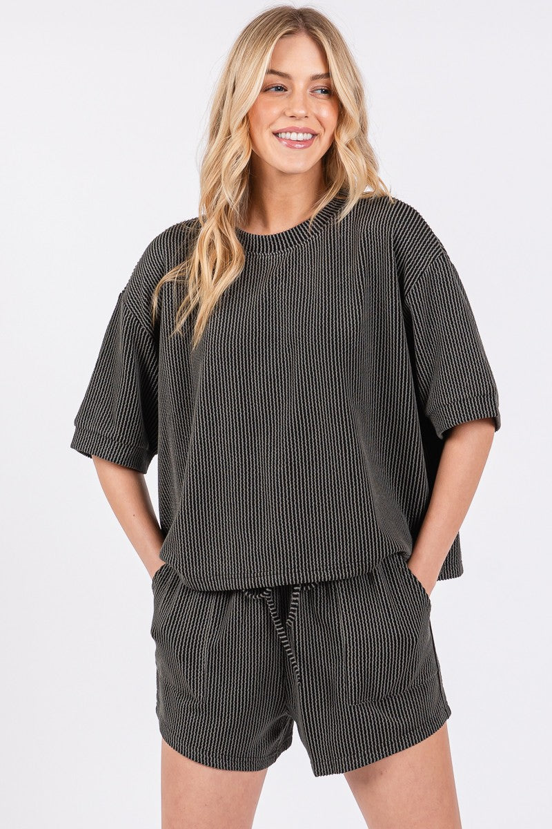 Black Ribbed Round Neck Top And Shorts Set