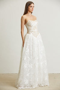 White Embroidered Floral Lace Ball Gown Dress