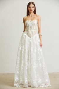 White Embroidered Floral Lace Ball Gown Dress