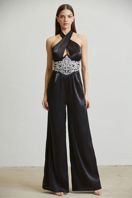 Black/Silver Embellsihed Waist Organza Jumpsuit