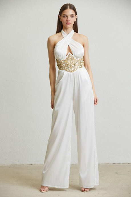 White/Gold Embellsihed Waist Organza Jumpsuit
