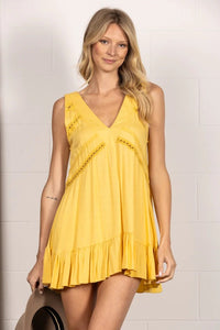 Yellow Sleeveless V Neck Mini Dress With Lace Detail