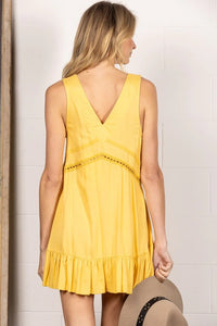 Yellow Sleeveless V Neck Mini Dress With Lace Detail